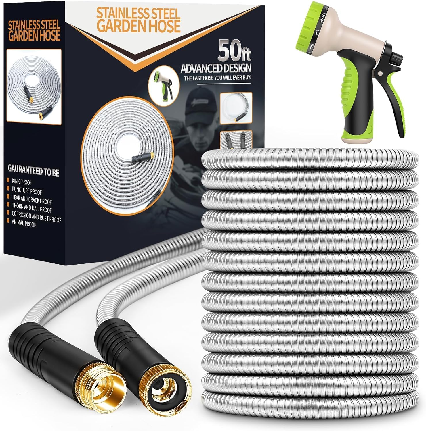 Unywarse Garden Hose 50FT Metal Water Hose with 10 Function Nozzle No-Kink
