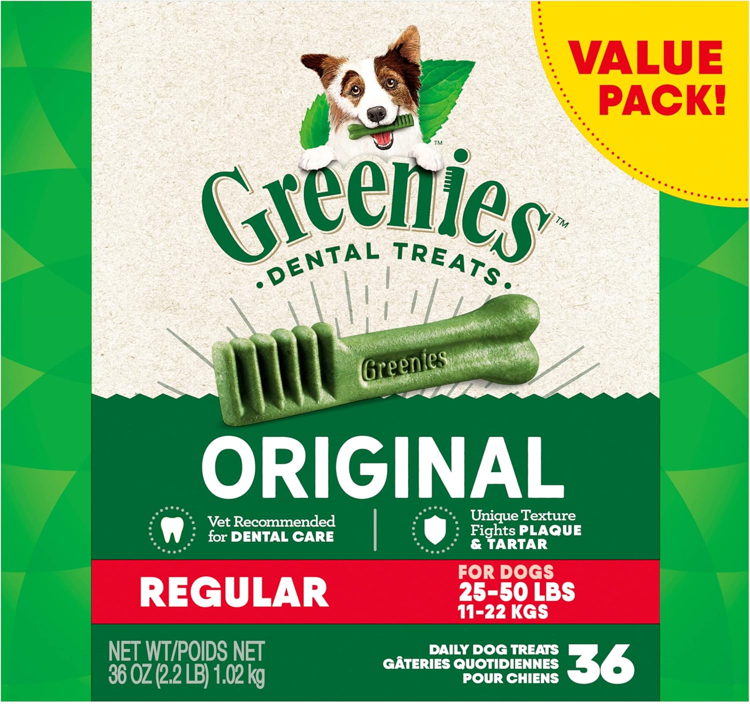 Greenies Original Regular Dental Dog Treats, 36 oz. Pack (36 Treats)