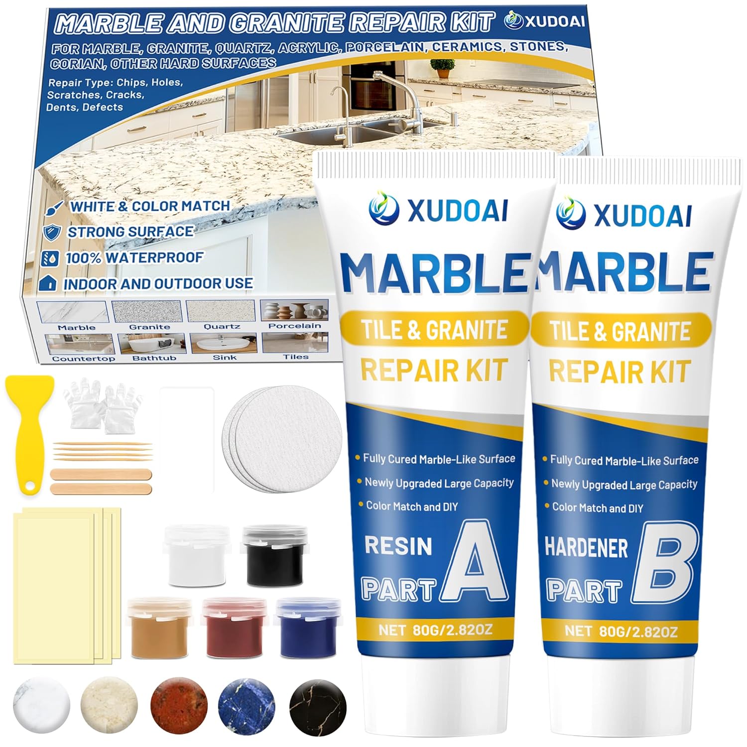 Marble and Granite Repair Kit (Color Match), 160g/5.64oz Quartz Countertop Repair Kit For Chips Holes Dents Defects Scratches Cracks, DIY Fix Reattaches Porcelain Tile Sink Stone Other Hard Surfaces