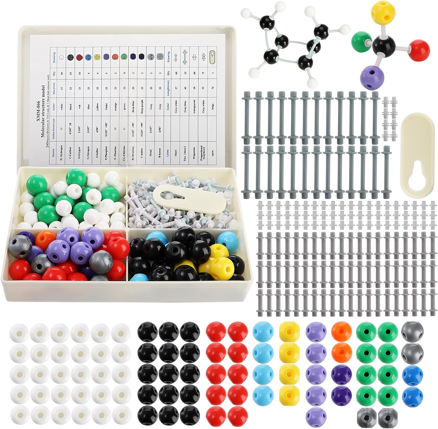 Yopay 240 Pieces Molecular Model Kit, Organic and Inorganic Chemistry Molecular Structure Model, 86 Atoms and 153 Links and 1 Short Link Remover Tool