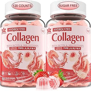 2Pack Sugar-Free Hydrolyzed Collagen Peptide Filled Gummies, with 1500mg Protein Type I,II,III,V,X with 5000mcg Biotin Vitamin C A E D3 B6 B12 for Immune Digestion Skin Hair Nails Energy Bone Joint