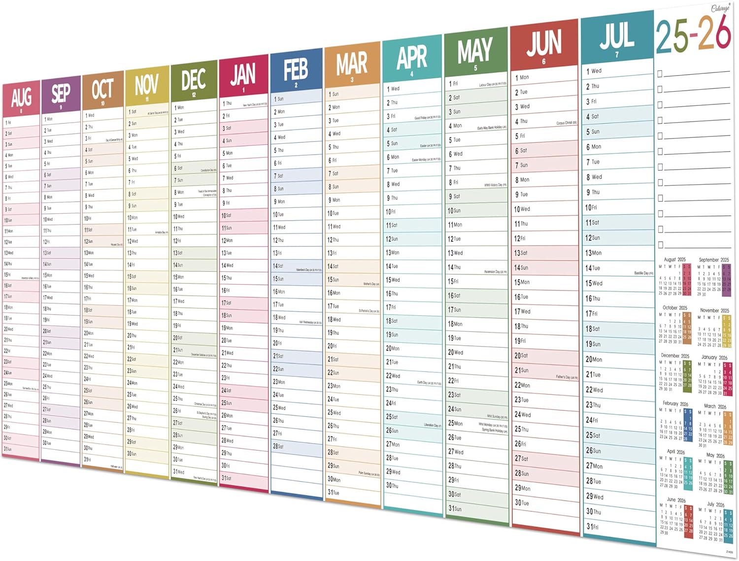 Academic Wall Planner 2025/2026, Wall Calendar Planner 2025-2026 UK Large for Family, School or Office, August 2025 - July 2026, 120 x 42 cm, XXXLarge, Colorful