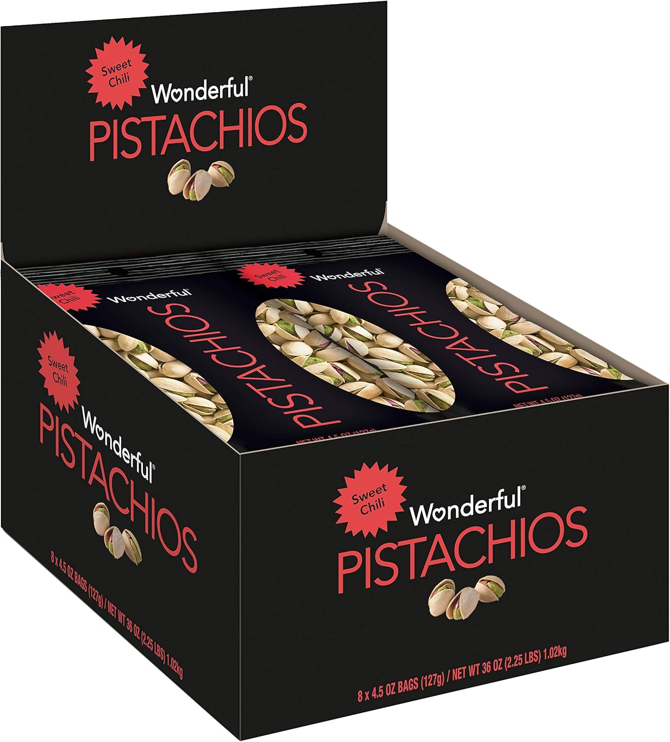 Wonderful Pistachios In Shell, Sweet Chili Flavored Nuts, 4.5 Ounce Bag (Pack of 8), Protein Snacks, Office Snacks, Healthy Snacks for Adults