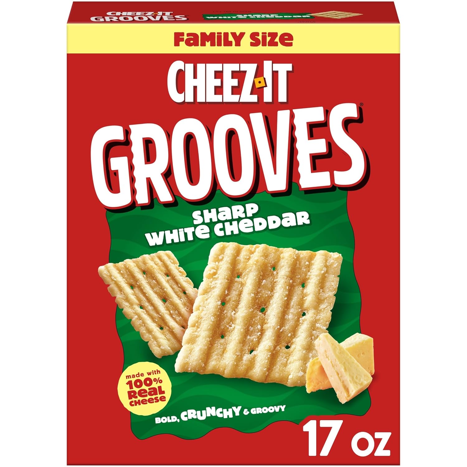 Cheez-It Grooves Crunchy Cheese Crackers, Snack Crackers, Lunch Snacks, Family Size, Sharp White Cheddar, 17oz Box (1 Box)