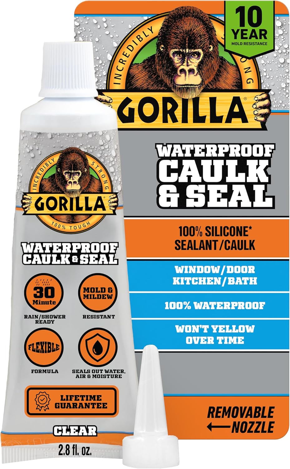 Gorilla 100% Silicone Caulk, Waterproof Sealant, 2.8oz Squeeze Tube (Pack of 1) – Clear -10 Year Mold Resistant Kitchen, Window, Bath, Marine, Door and More