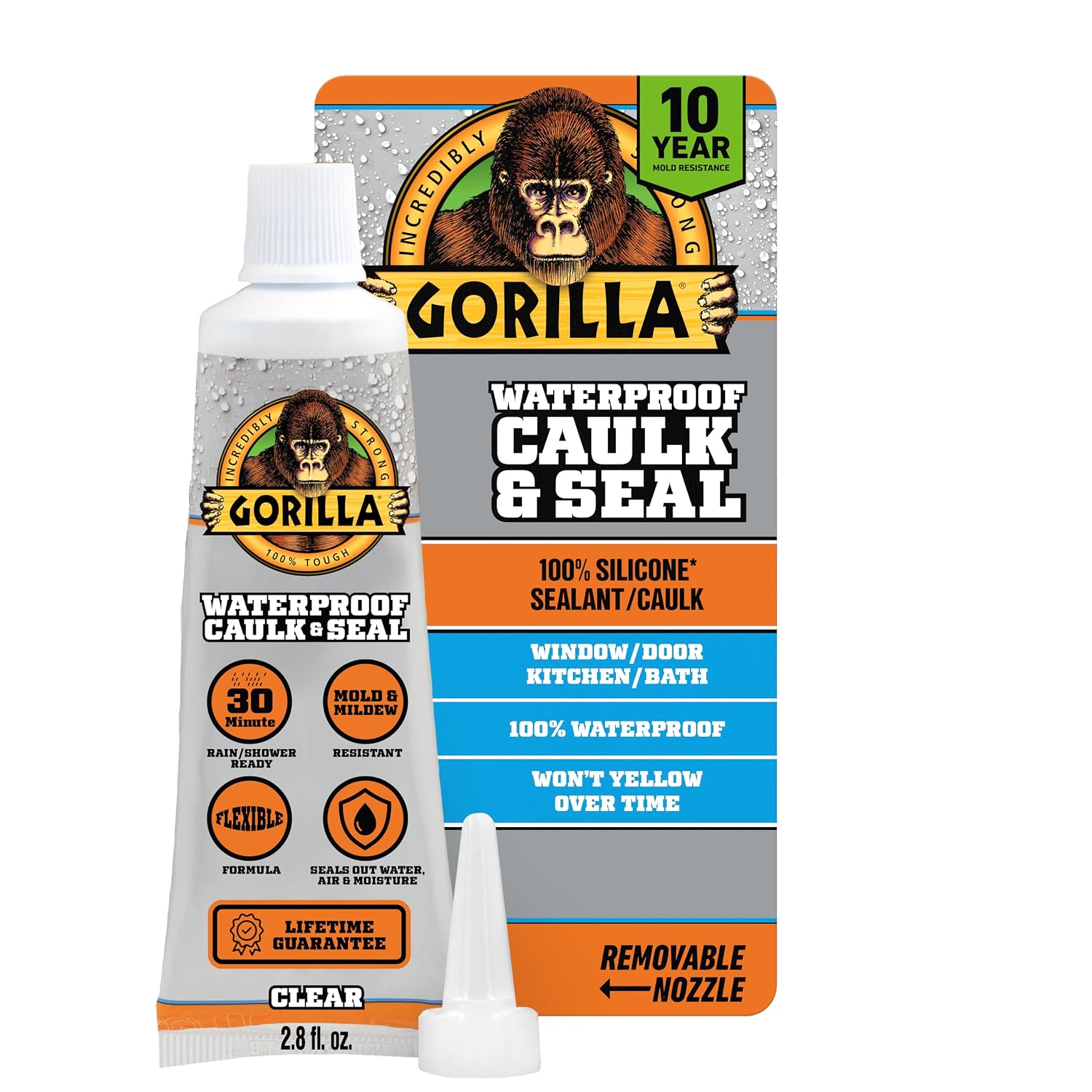 Gorilla 100% Silicone Caulk, Waterproof Sealant, 2.8oz Squeeze Tube, Clear