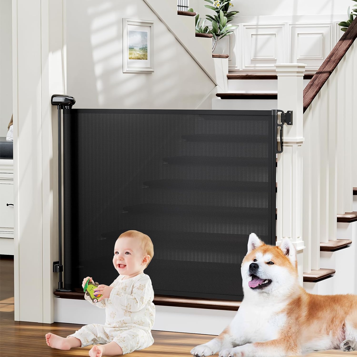 PRObebi Retractable Baby Gates for Stairs, Dog Gate Indoor Extends to 54" Wide 34" Tall, Child Gates for Doorways, Stair Gate Use for Outdoor, Indoor, Hallways, Doorways, Deck, Porch