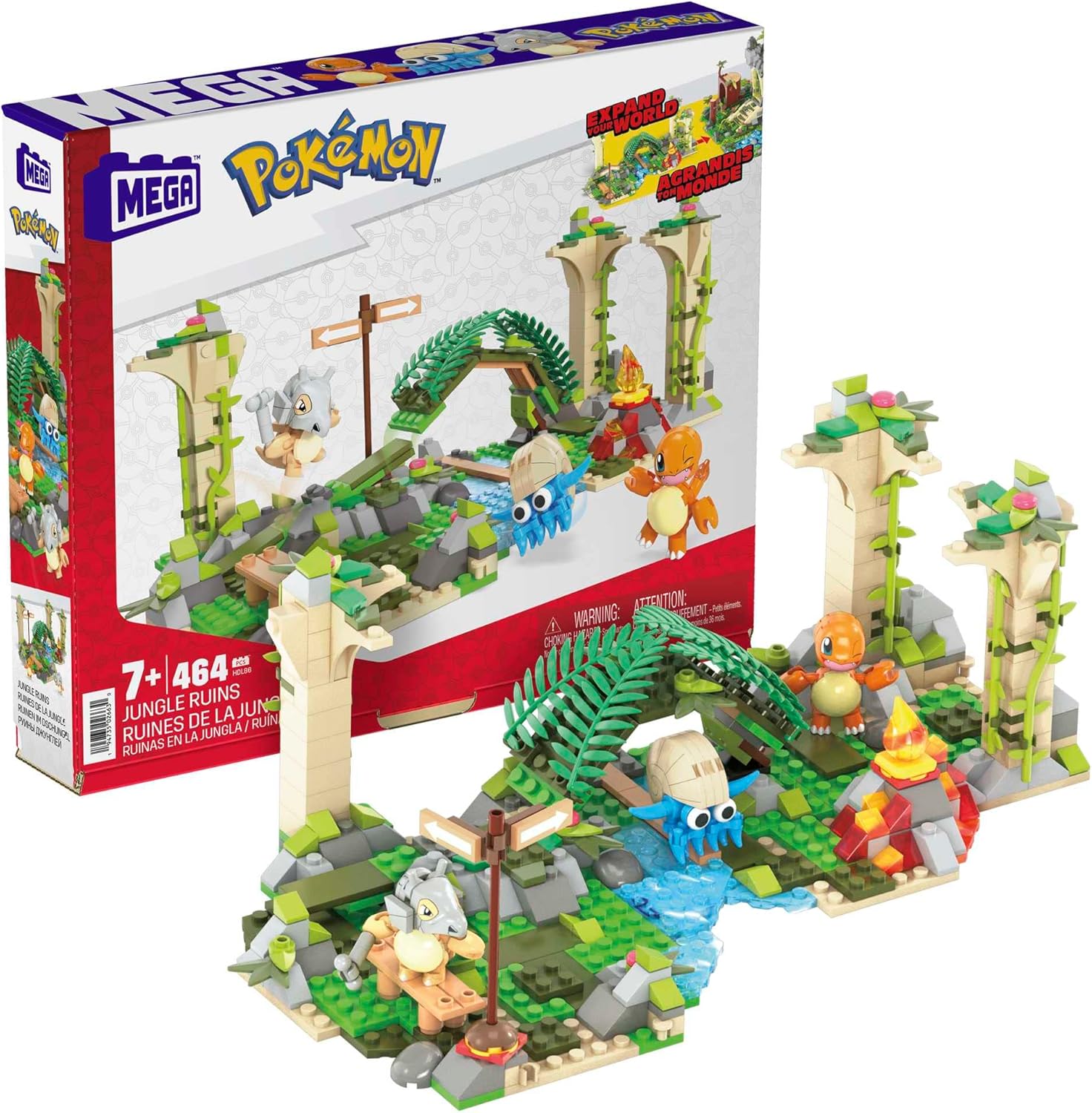 Mega Pokemon Action Figure Building Toy, Jungle Ruins with 464 Pieces, Motion and 3 Characters, Cubone Charmander Omanyte, Gift Idea for Kids
