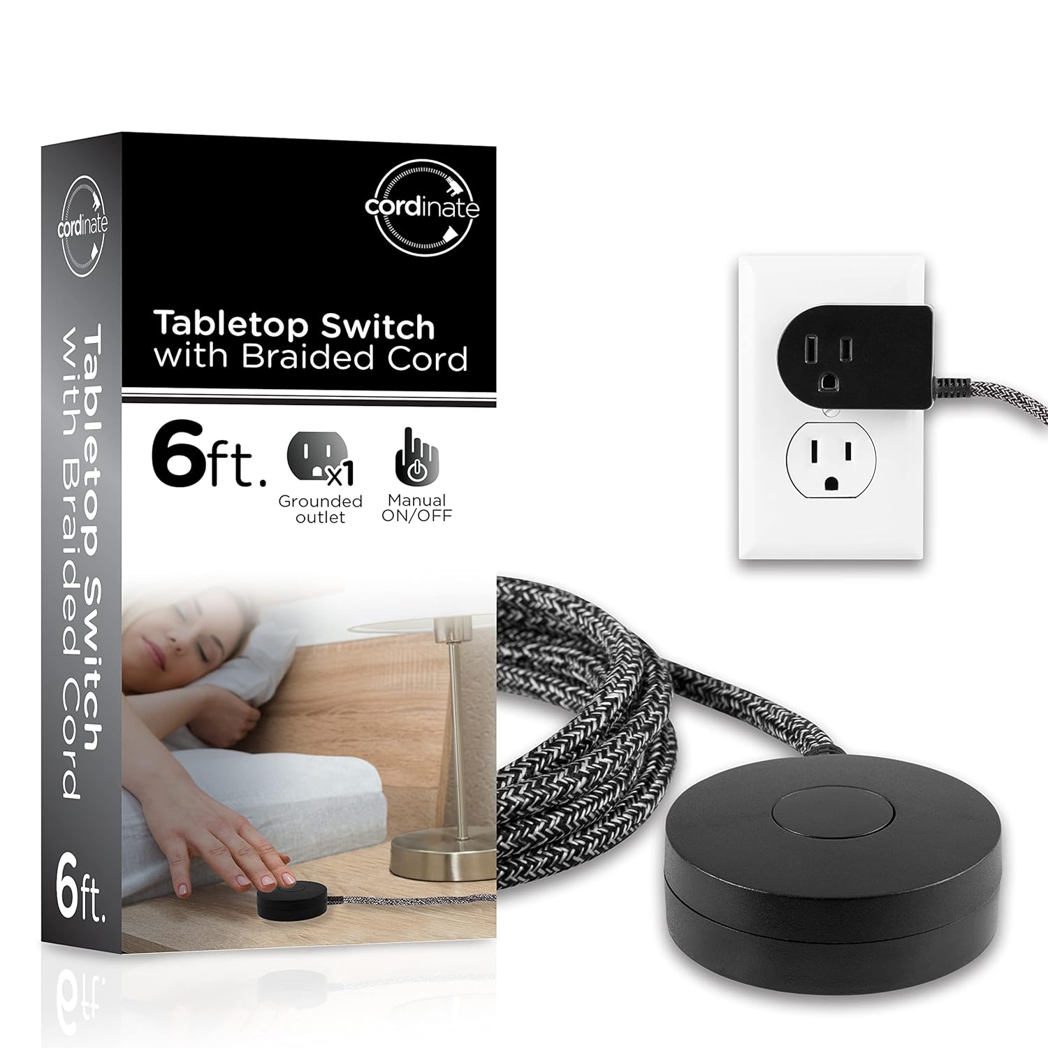 Cordinate Extension Cord with Switch On/Off Plug, 6 Ft Braided Power Cord Outlet Switch, 3 Prong, Slip Resistant Base, Tabletop or Wall Mount, Perfect for Lamps/Holiday Lights, Black, 48728