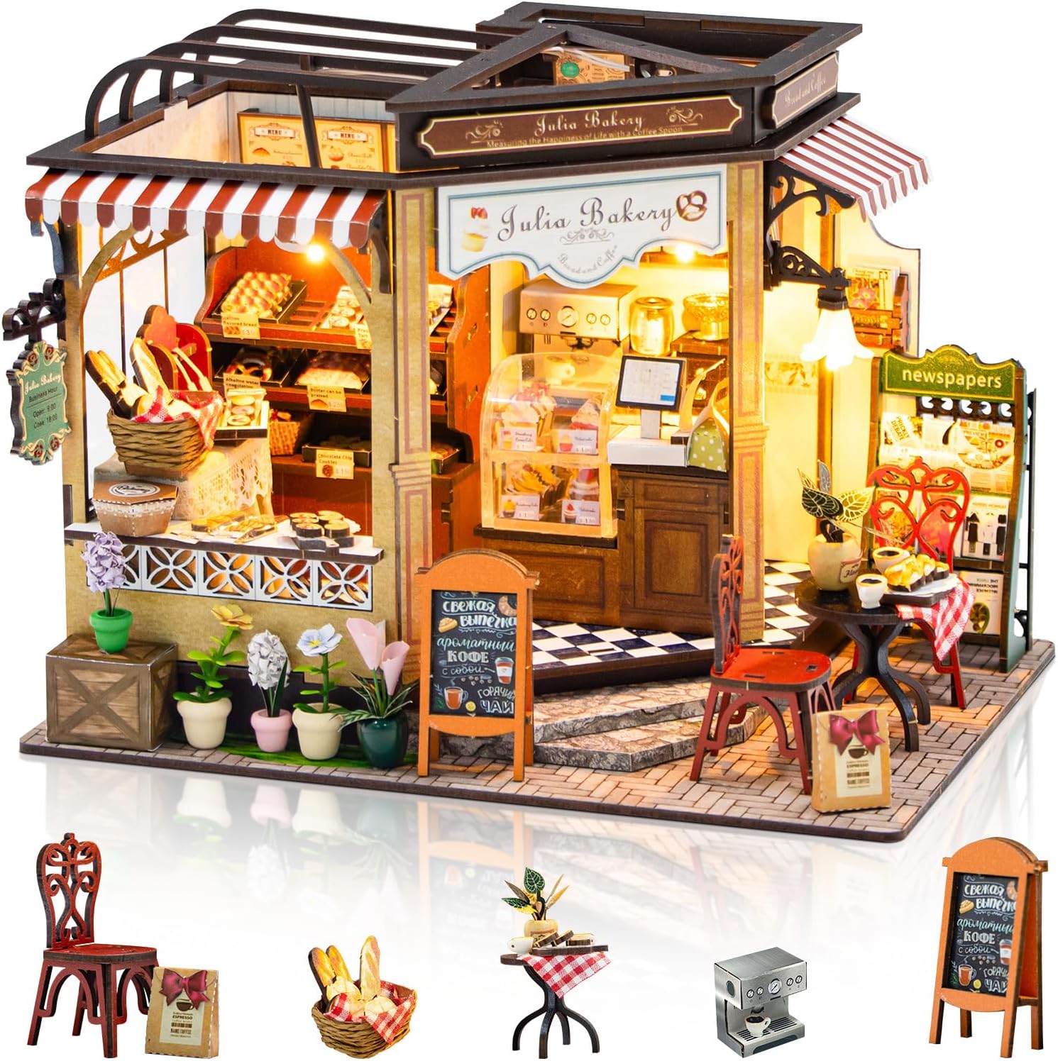 Cuteefun DIY Miniature House Kits, Wooden Dollhouse with LED, Tiny House Kit with Furniture for Adults to Building, Creative Handmade Unique Gift for Birthday Christmas Day (Bakery)