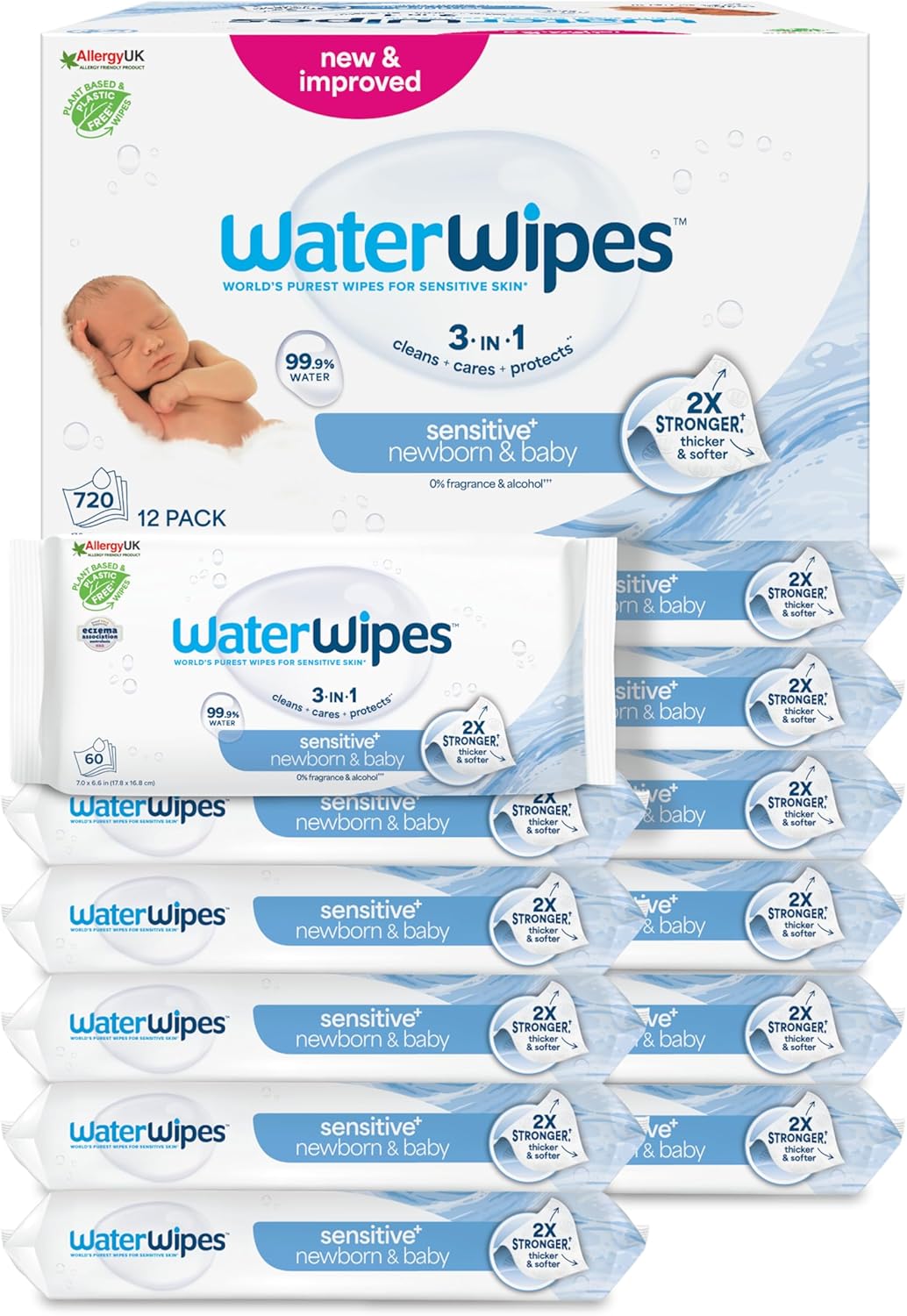 WaterWipes Sensitive+ Newborn & Baby Wipes, 720 Count (12 Packs), 3-In-1 Cleans, Cares, Protects, 99.9% Water, Unscented