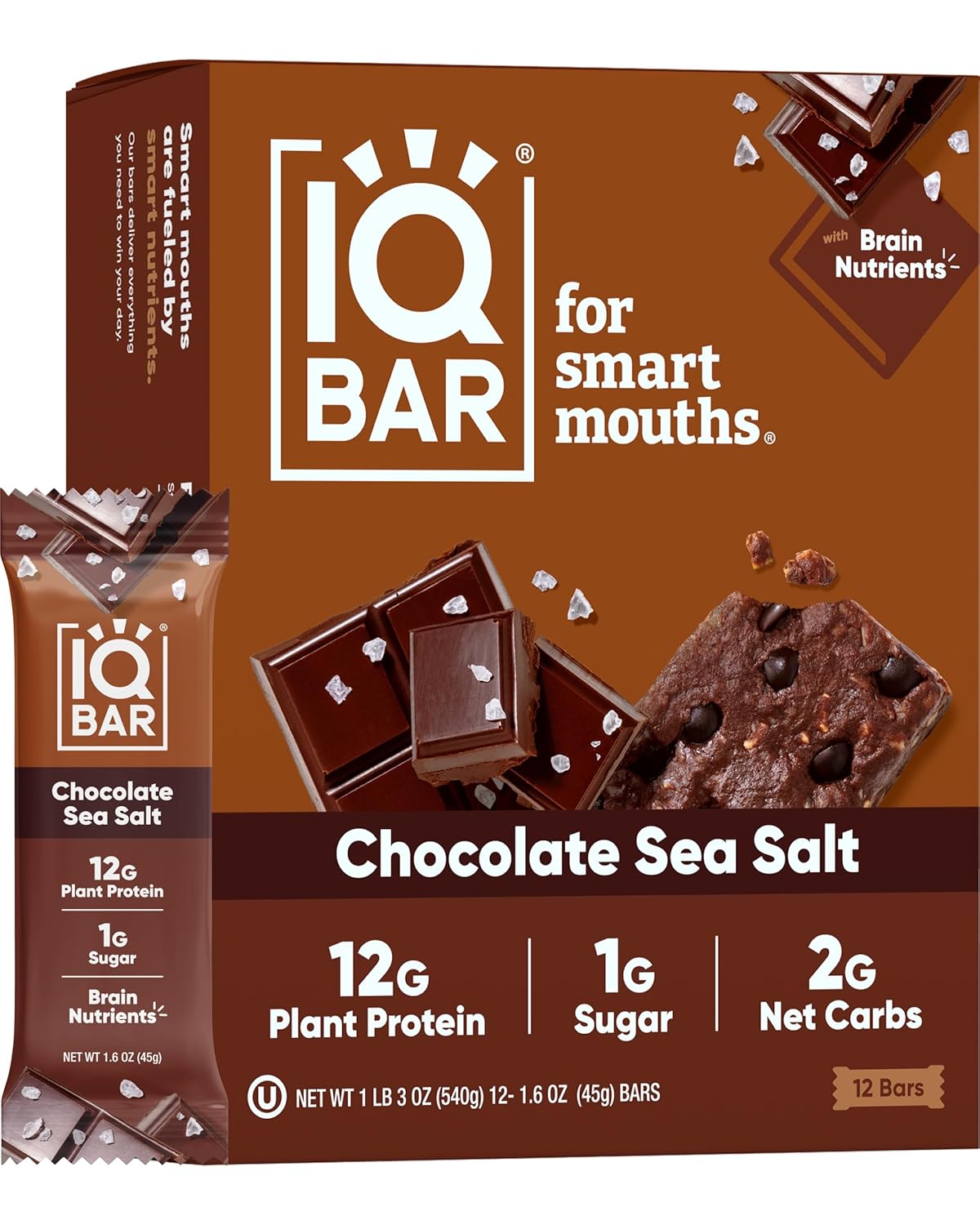 IQBAR Brain and Body Plant Protein Bars - Chocolate Sea Salt - 12-Count Low Carb - Gluten Free, High Fiber, Vegan Snacks - Low Sugar Meal Replacement