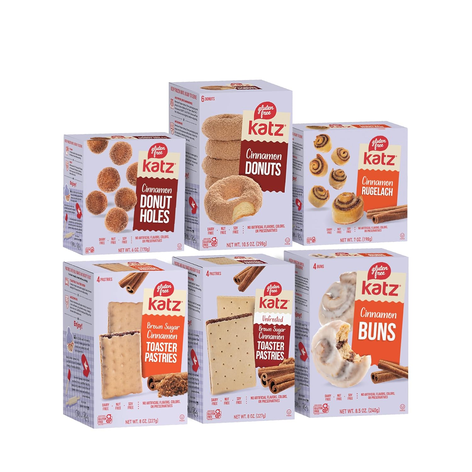 Katz Gluten Free Snacks Cinnamon Lovers Variety Pack. Includes Fresh Baked Cinnamon Buns, Cinnamon Toaster Pastries, Rugelach Plus Cinnamon Donuts & Donut Holes. Gluten Free Snacks For Adults & Kids. Tree Nut Free, Peanut Free, Soy Free. Kosher. (Pack Of 6)