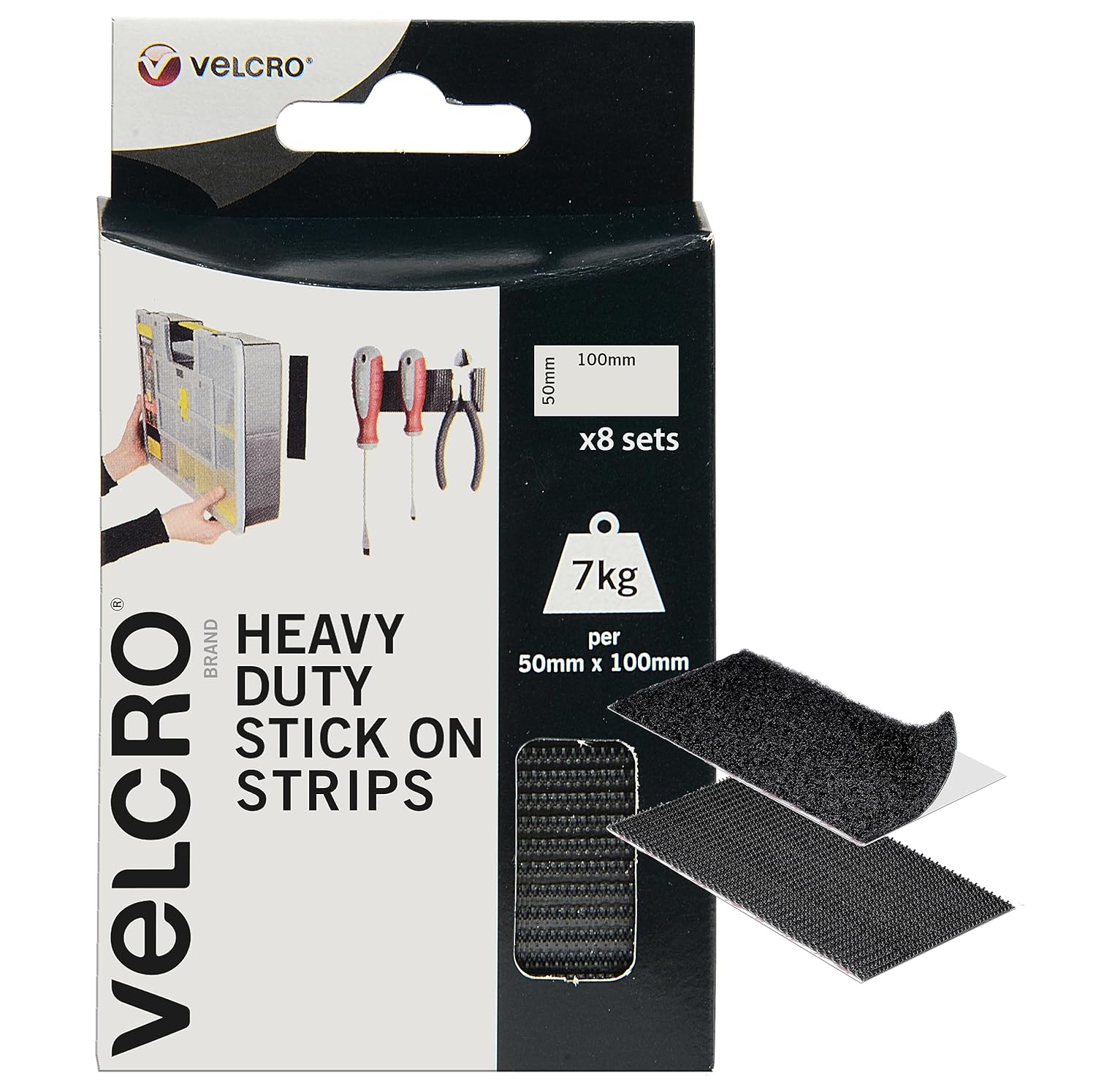 VELCRO Brand | Heavy Duty Stick On Strips | Industrial Strength Double Sided Hook & Loop Self Adhesive Strips Perfect for Room Décor & Home, Office, Garage Use | Black | 50mm x 100mm | Set of 8