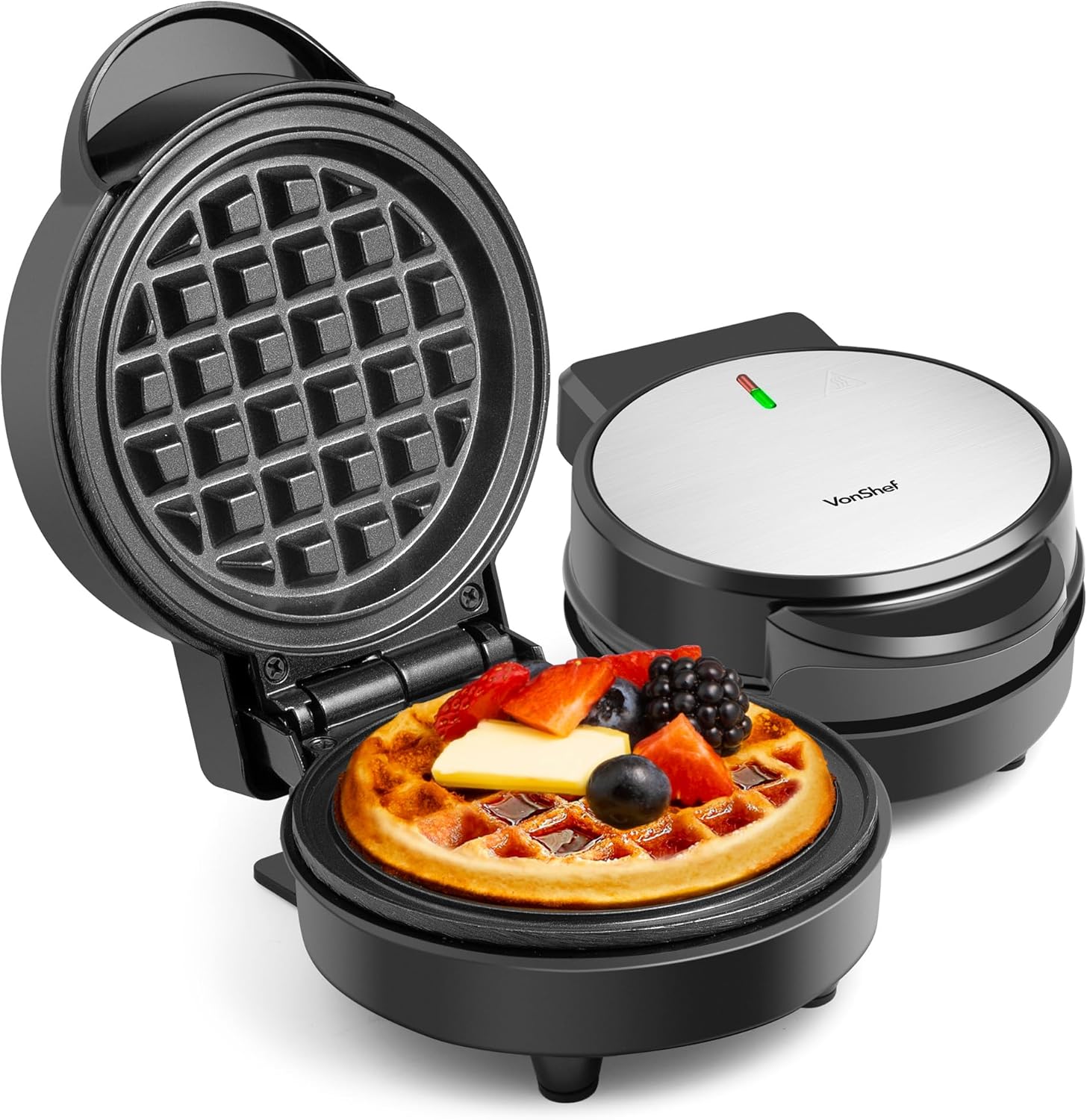 VonShef Mini Waffle Maker – 600W Waffles Machine with 12.5cm Non Stick Mini Iron Plates, Compact Breakfast Machine, Single Belgian & American Snacks Machine with Indicator Light – Black