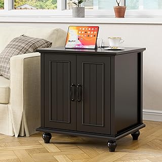 Scurrty Side Table with USB Charging, Antique End Table,Side Table with USB Charging, Accent End Table with Storage in Living Room,Bedroom (Black)