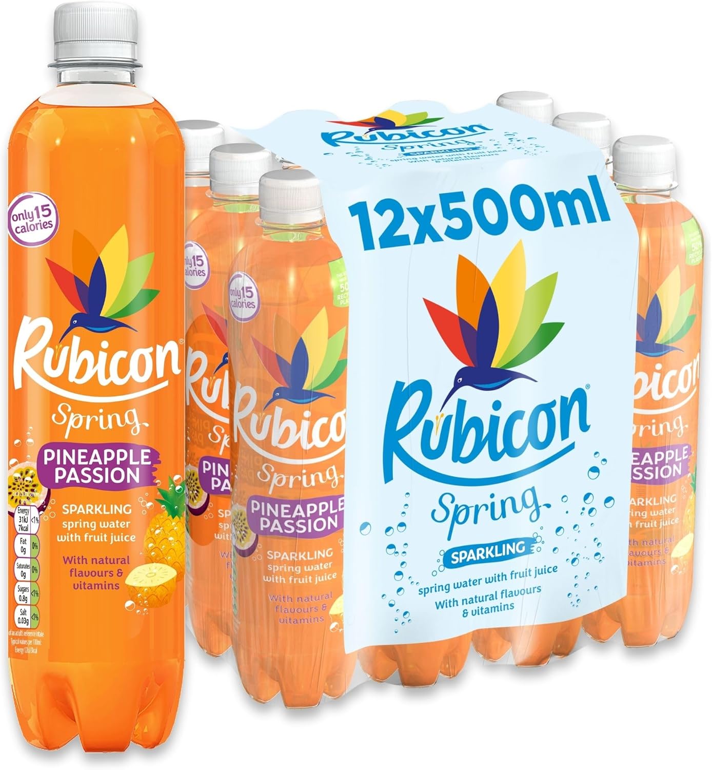 Rubicon Spring 12 Pack Pineapple Passion, Sparkling Spring Water with Real Fruit Juice & Natural Flavours, Only 15 Calories - 12 x 500ml Multipack Bottles
