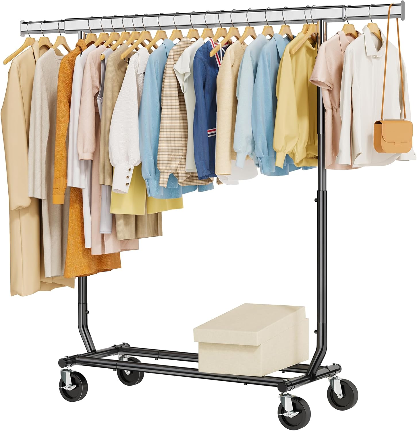 Tajsoon Clothes Rack Heavy Duty Clothing Rack Load 350 LBS, Metal Garment Rack with Wheels & Extendable Rod, Rolling Collapsible Clothes Racks for Hanging Clothes with Bottom Shelf, Black