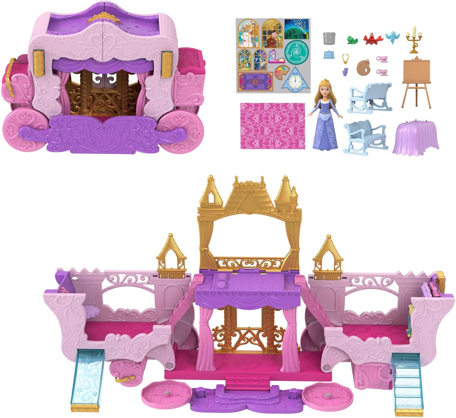 Mattel Disney Princess Carriage to Castle Transforming Playset with Aurora Small Doll, 3 Levels, 6 Play Areas, 4 Figures, Furniture & Accessories