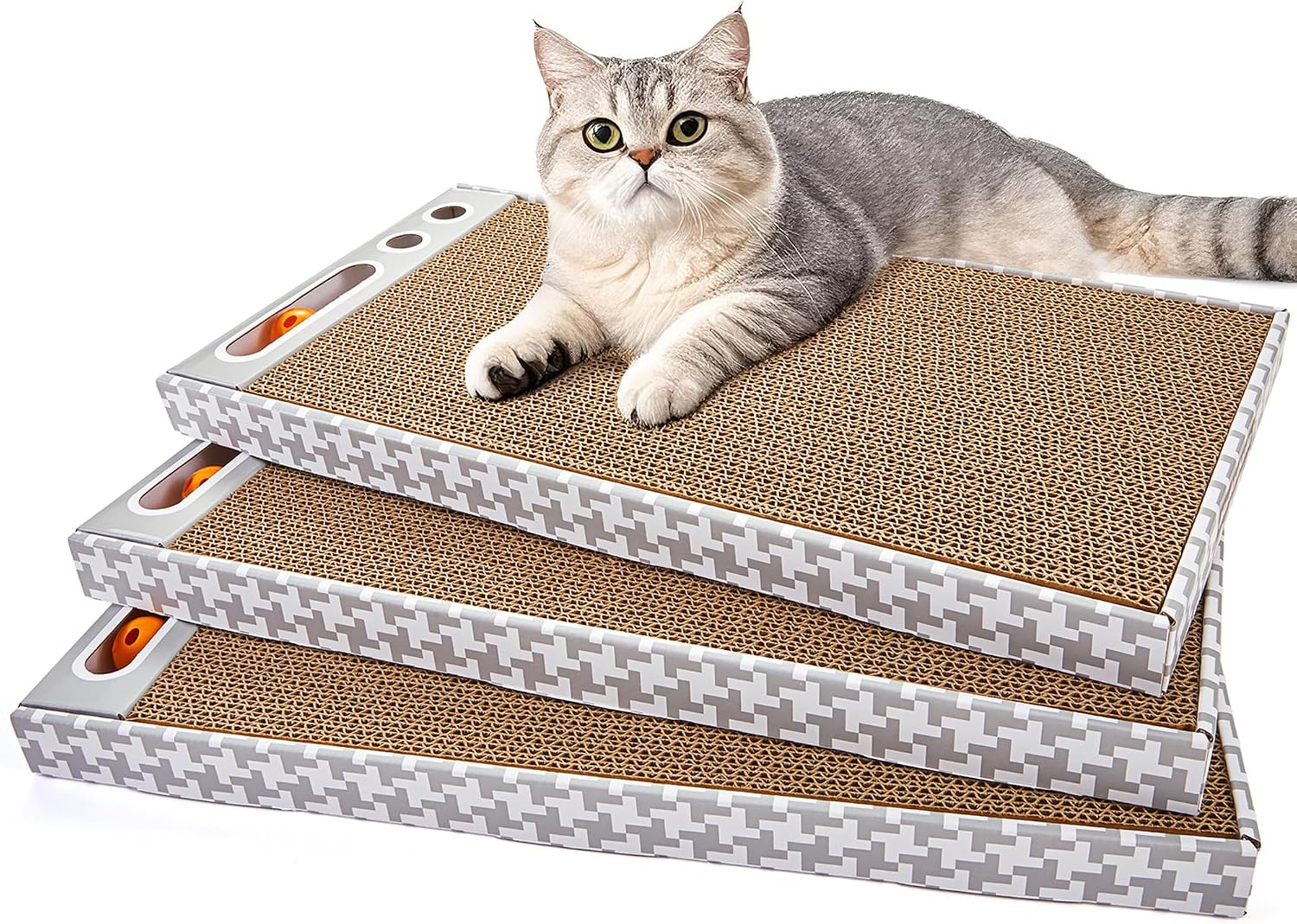 Cat Scratching Board 3 Pack – Reversible Cardboard Scratcher for Indoor Cats, Wide Boxed Scratch Pads with Bell Ball, Durable Corrugated scratchers as Furniture Protector