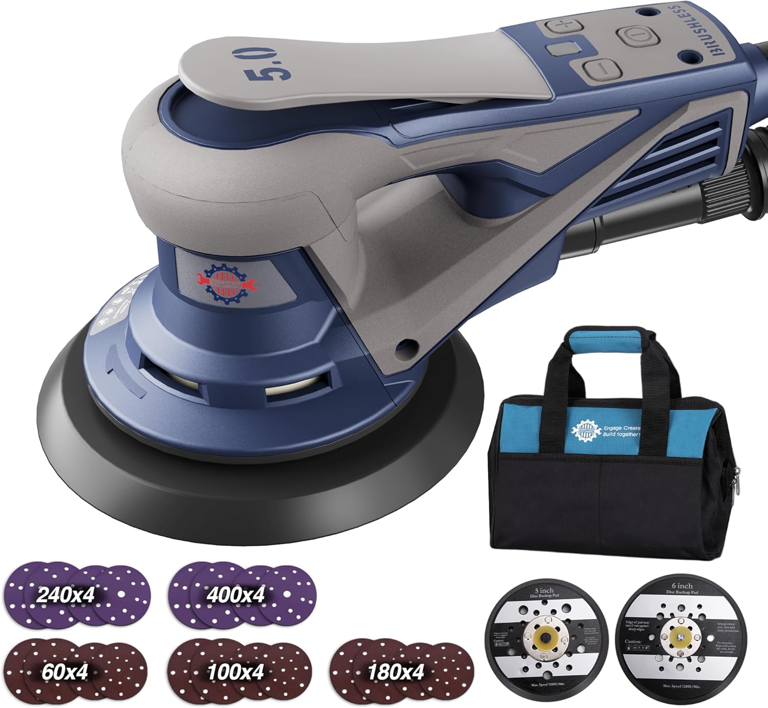 Brushless Random Orbital Sander, 350W 10000 RPM Electric Sander with 125mm&150mm Sanding Pad, 7 Variable Speeds, 20pcs Sandpapers Brushless Sanders for Sanding and Polishing, Carrying Case