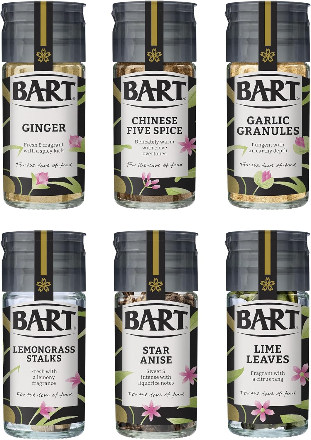 BART East Asian Herb & Spice Collection - Chinese Five Spice, Star Anise, Garlic Granules, Ginger, Lemongrass Stalks & Lime Leaves - Ideal for Asian Cooking (6 Jar Bulk Buy Set)