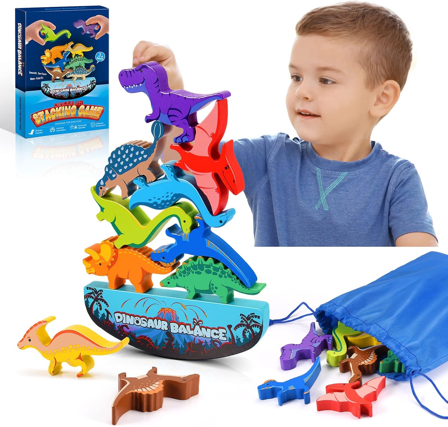 Dinosaur Toys for Kids 3-5: Wooden Stacking Montessori Toys for 3 4 5 6 7 8 Year Old Boys Girls Balance Competition Game for Family Halloween Birthday Gifts for Kids Ages 4-8 (Classic Version)
