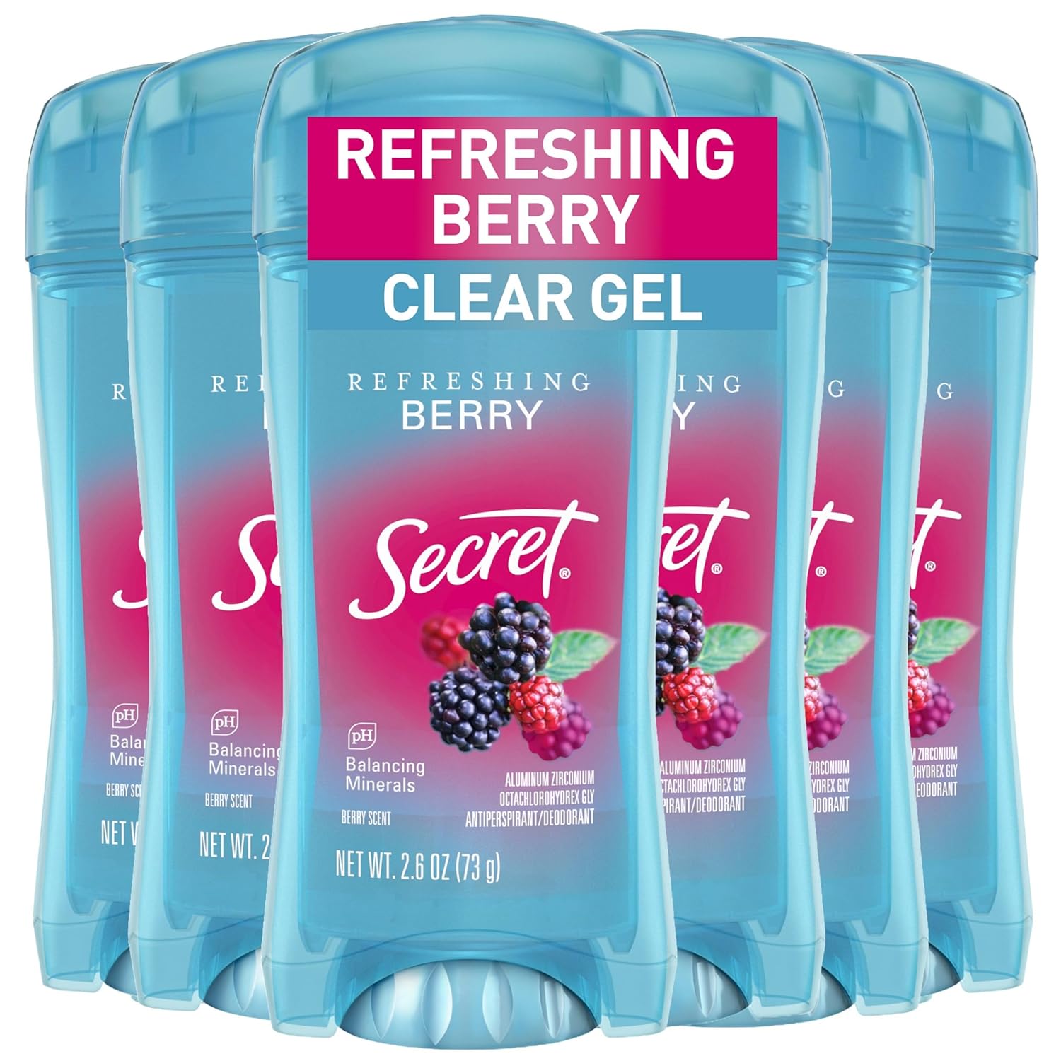 Secret Fresh Antiperspirant Deodorant for Women, 72hr Breathable Sweat & Odor Protection, Instant Freshness & Gentle, PH Balancing Minerals, Clear Gel, Refreshing Berry Scent, 2.6 oz (Pack of 6)
