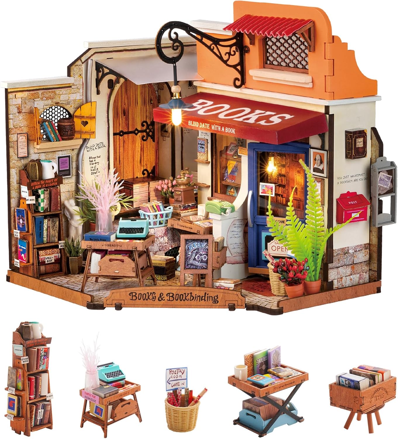 Rolife Doll House Corner Bookstore with LED Lights DIY Miniature House Kit Dollhouse Wooden Model Kit with Furniture 3D Puzzles for Children and Adults