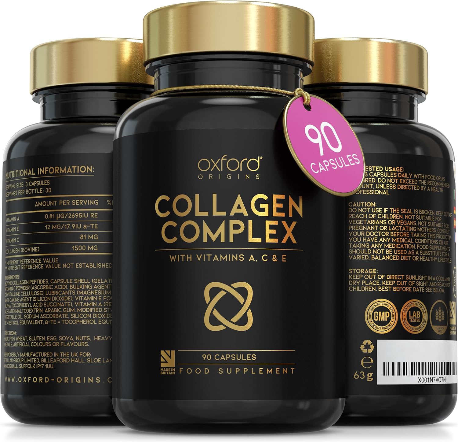 Advanced Collagen Complex | Made in The UK | Hydrolysed Collagen Supplements for Women & Men Enhanced with High Absorption Hair Skin and Nails Vitamins A, C & E | 90 Capsules