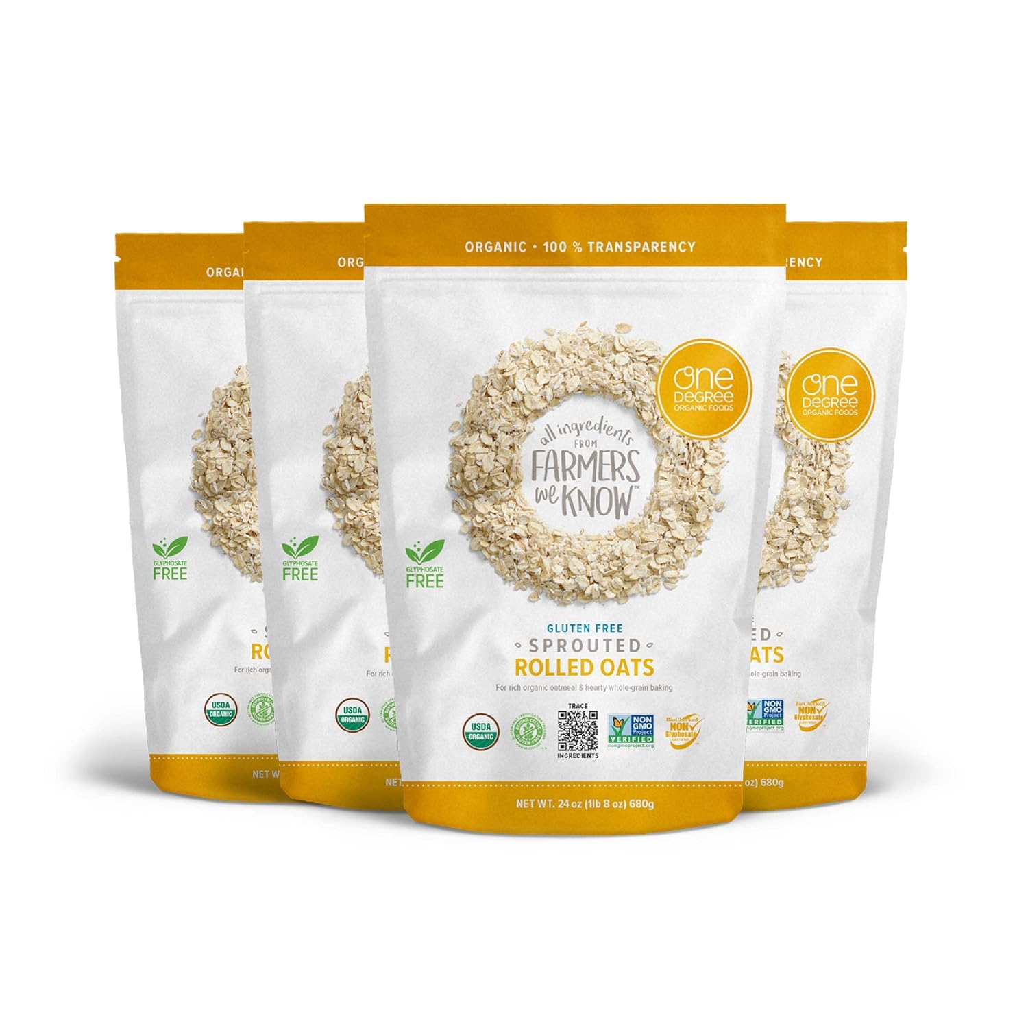 One Degree Organic Foods Sprouted Rolled Oats, USDA Organic, Non-GMO Gluten Free Oatmeal, 24 oz., 4 Pack