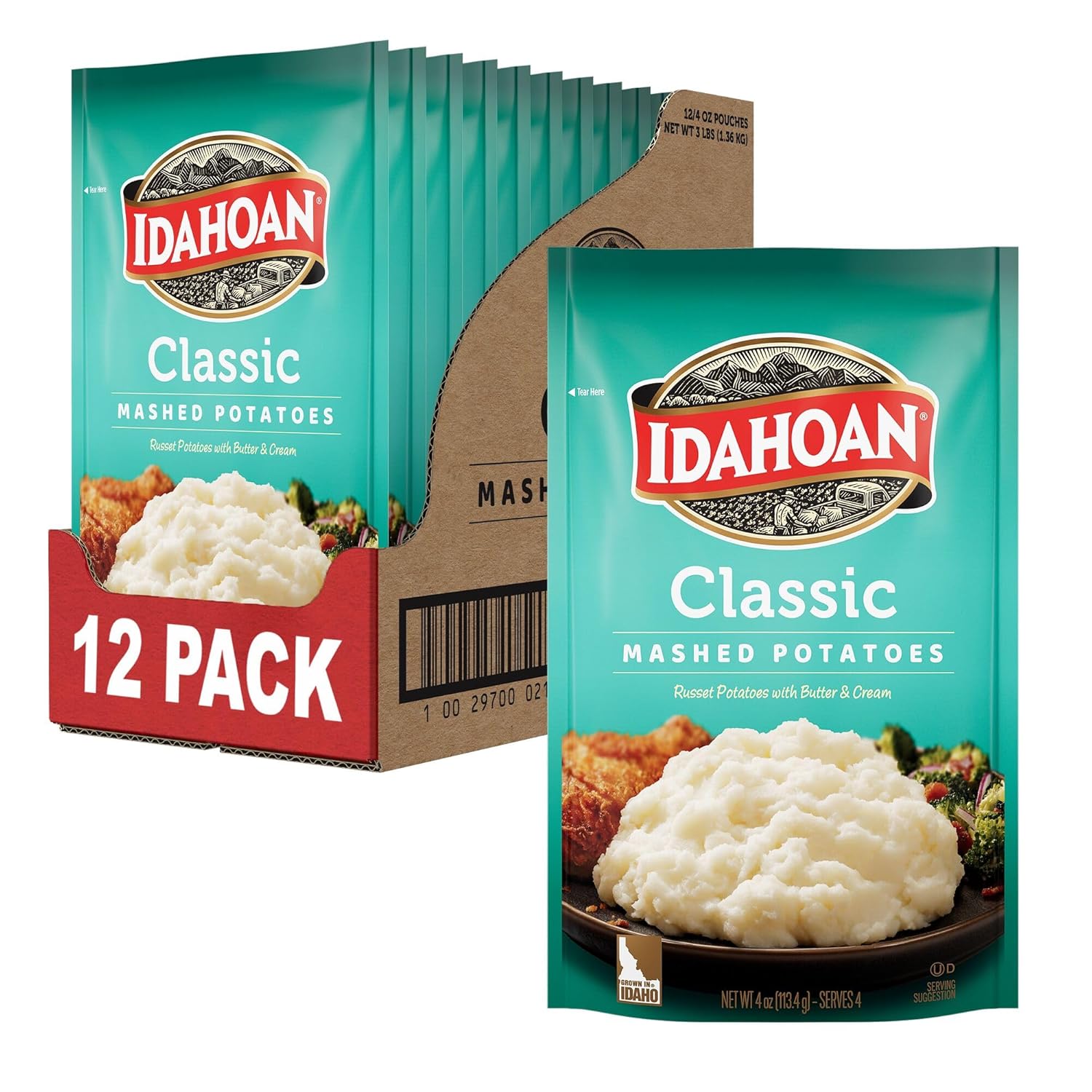 Idahoan Classic Mashed Potatoes, Naturally Gluten-Free, 100% Real Idaho Potatoes, 4 servings per bag, 4 ounce (Pack of 12)