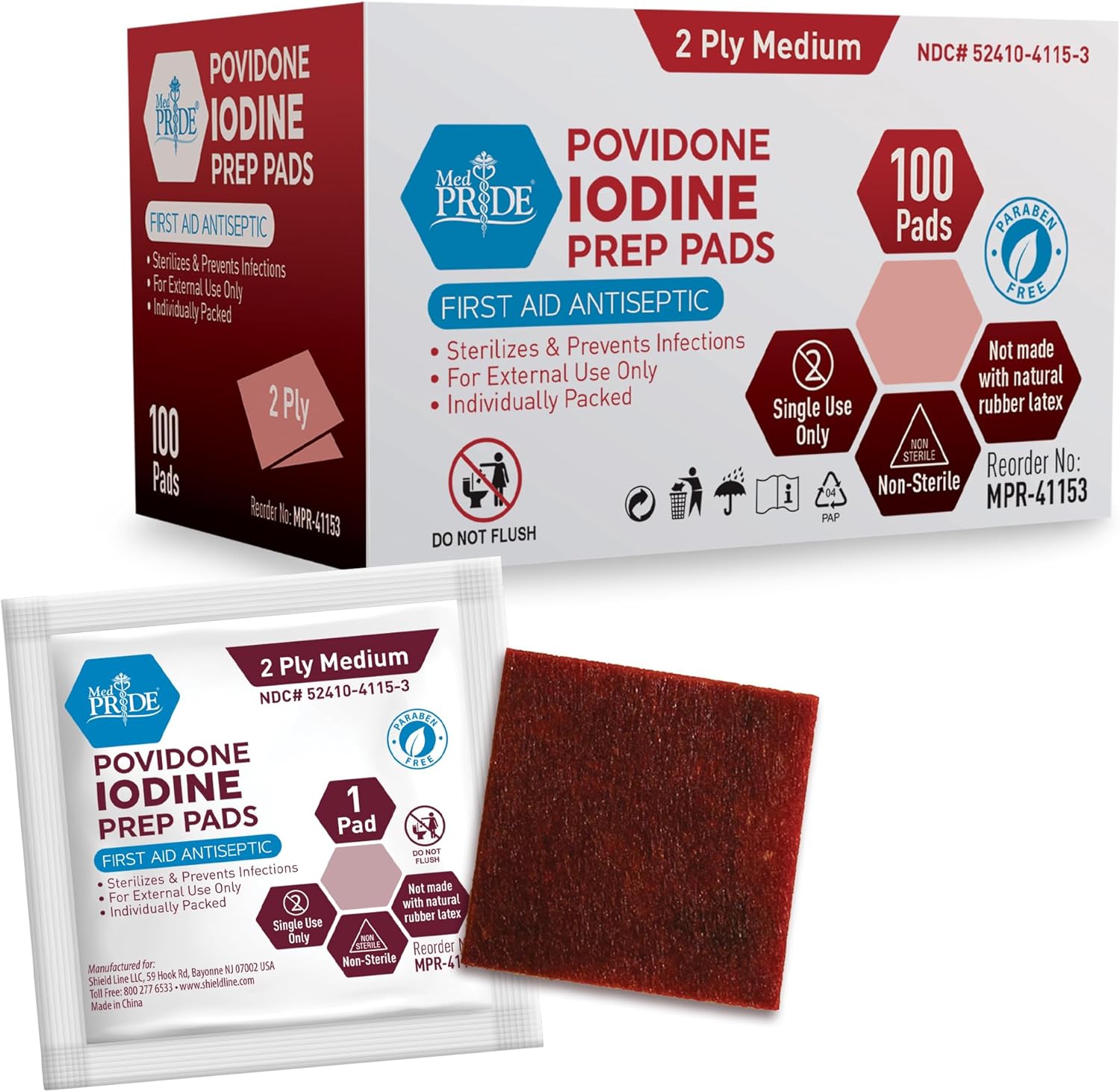 MED PRIDE Individually Wrapped Iodine Wipes, 10% Povidone Iodine Prep Pads, Alcohol-Free Antiseptic for Wounds (100 Count)