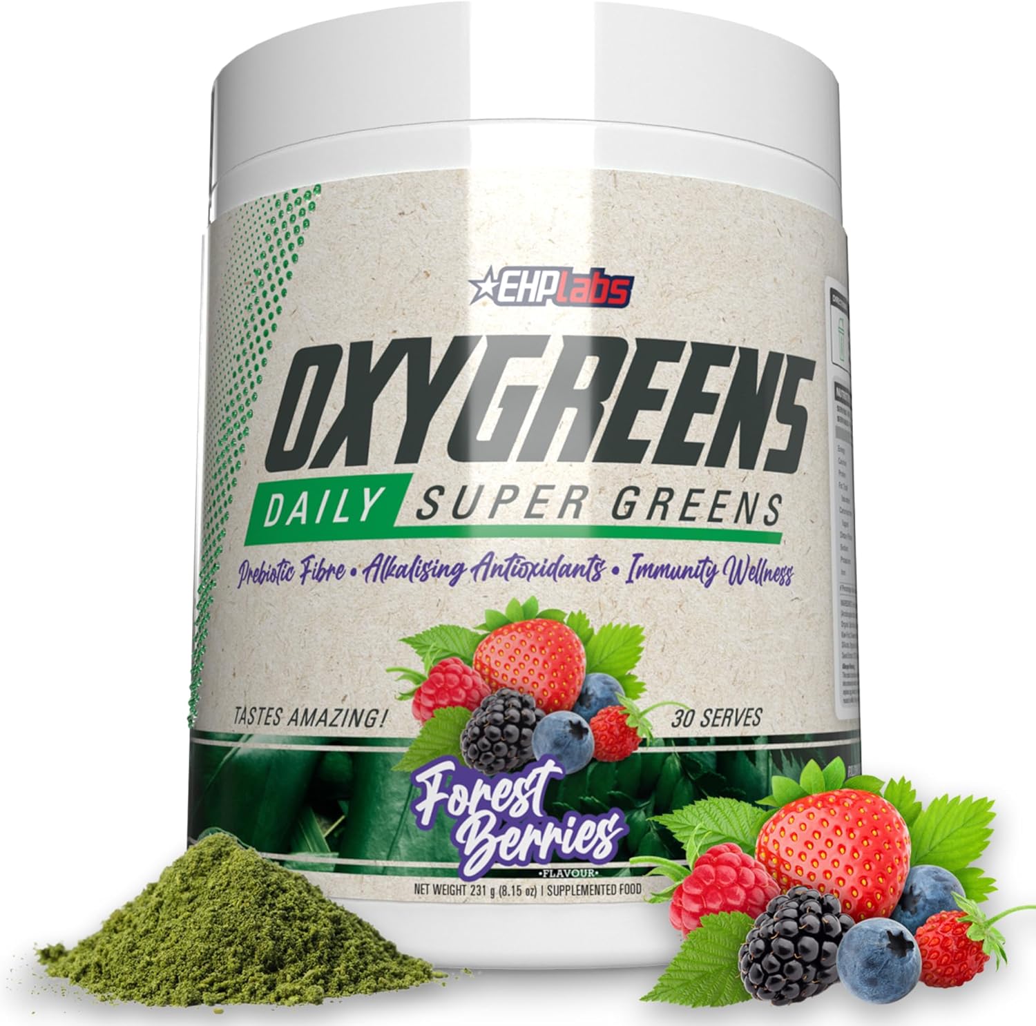 EHP Labs OxyGreens Super Greens Powder – Daily Greens & Superfood Supplement with Spirulina, Chlorella, Prebiotics, Digestive Enzymes, Antioxidants – 30 Servings (Forest Berries)
