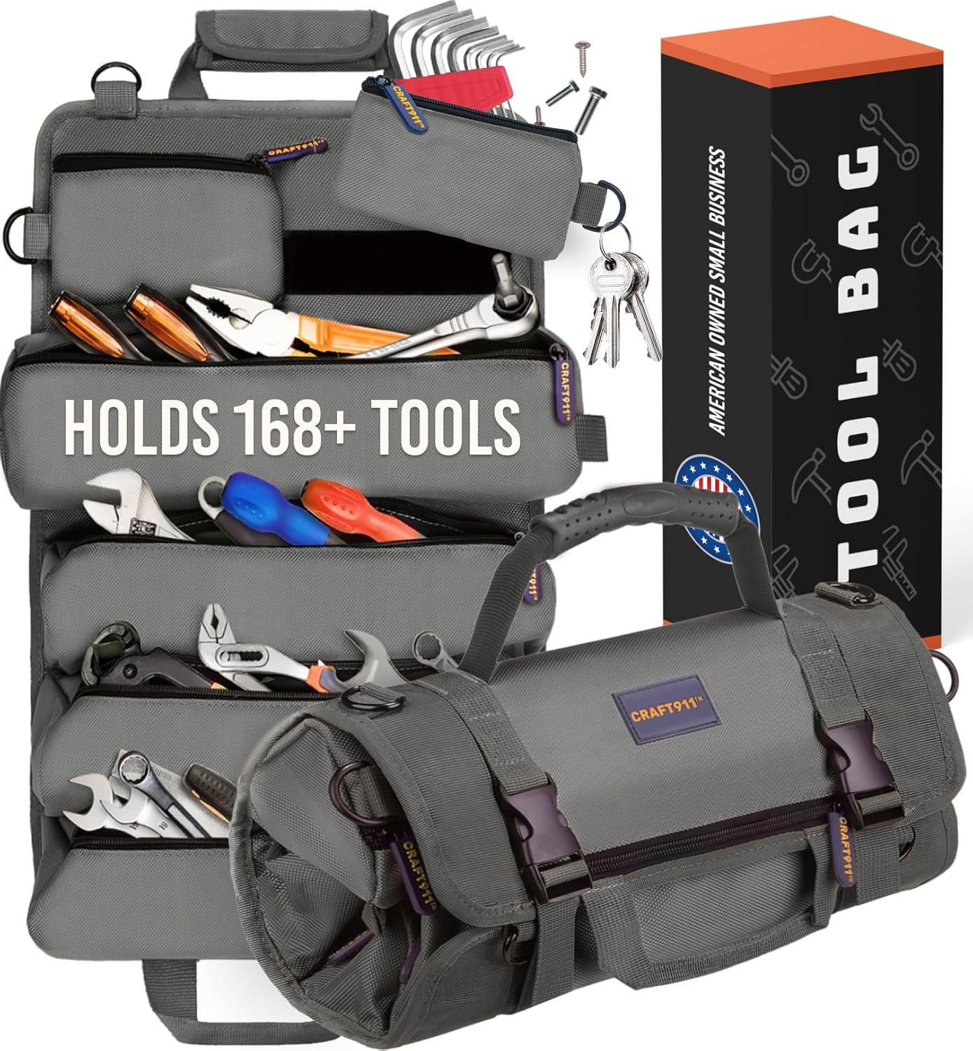 Durable Tool Bag Organizers w/Detachable 6 Tool Pouches - Small | Compact & Lightweight Tool Roll Up Organizer for Electrician, Mechanic, Hobbyist