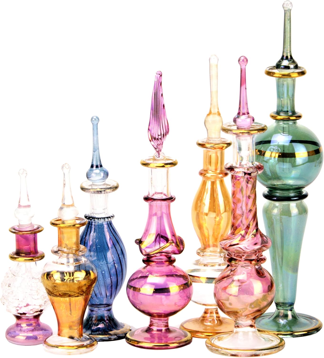 NileCart Egyptian Perfume Bottles Wholesale Mix Collection Set of 12 hand Blown Decorative Pyrex Glass 2-5 in with handmade golden Egyptian decoration for Perfumes & Essential Oils