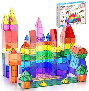 PicassoTiles Magnetic Tiles 60pcs Kids Toys Classroom Sensory Toy for Toddlers STEM Learning Building Blocks, Montessori Pretend Play Magnet Tile Construction Stacking Block Boys Girls Ages 3+ PT60