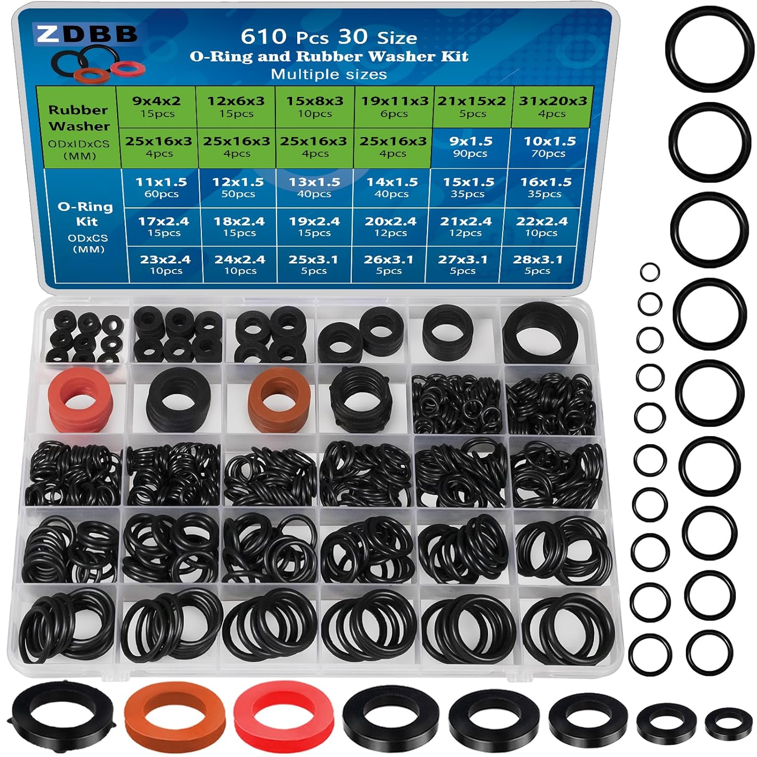 ZDBB 610 Pcs Water Hose Gasket Nitrile O Ring Rubber Washer Set Assortment Kit for Plumbing Faucet Pipe Hose Shower Head Pressure Washer Sealing Repair