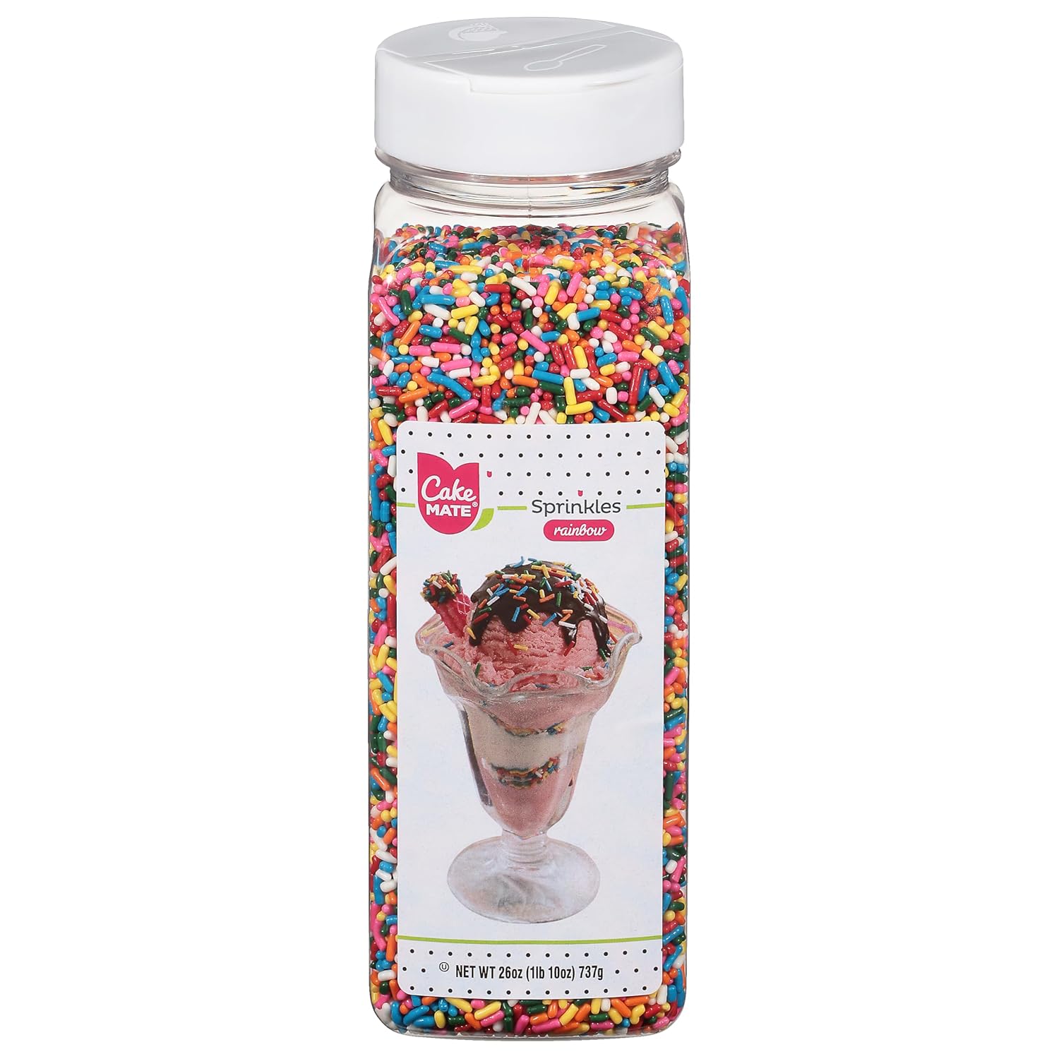 Cake Mate Dessert Sprinkles, Easy Pour Lid - Edible Cake Decorating and Baking Sprinkles for Cookies, Cupcakes, and Ice Cream Toppings (Rainbow, 26 oz)