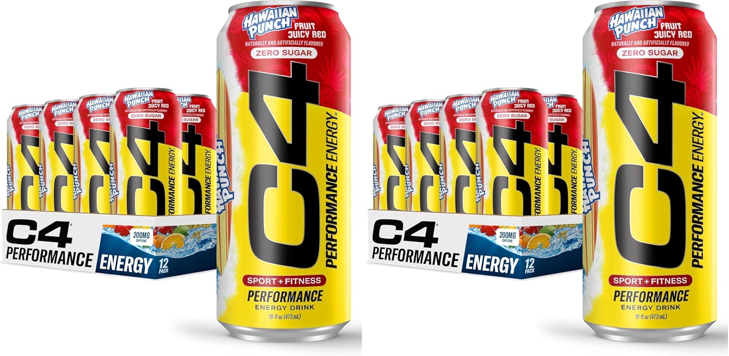 C4 Energy Drink, Hawaiian Punch Fruit Juicy Red, Carbonated Sugar Free Pre Workout Performance Drink with no Artificial Colors or Dyes, 16oz (Pack of 24)