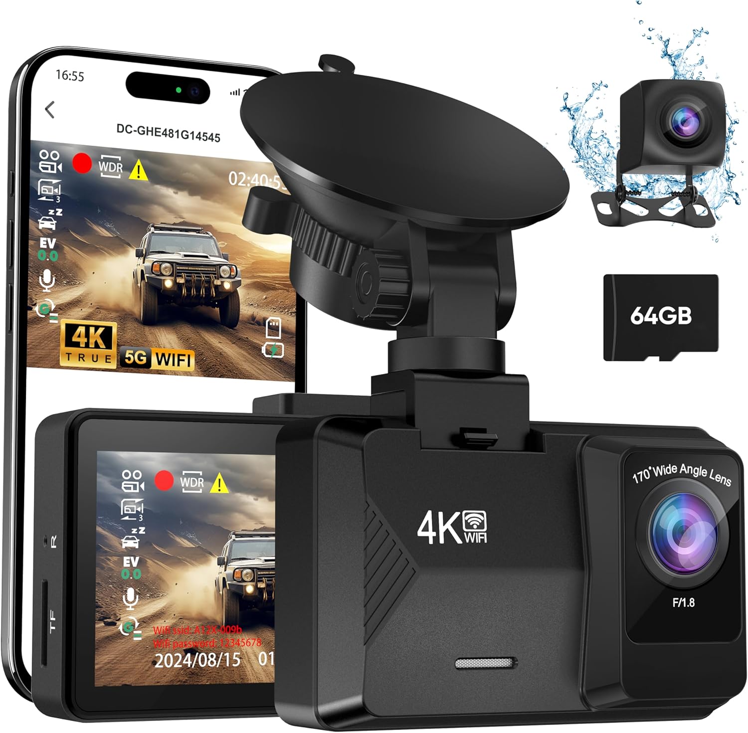 ORSKEY Dash Cam Front and Rear Built-in 5GHz WiFi, 4K+1080P Dual Dash Camera for Cars with 64GB SD Card, 2.0" Display Dashcam, 24H Parking Mode, App Control, Super Night Vision, Support Max 256GB