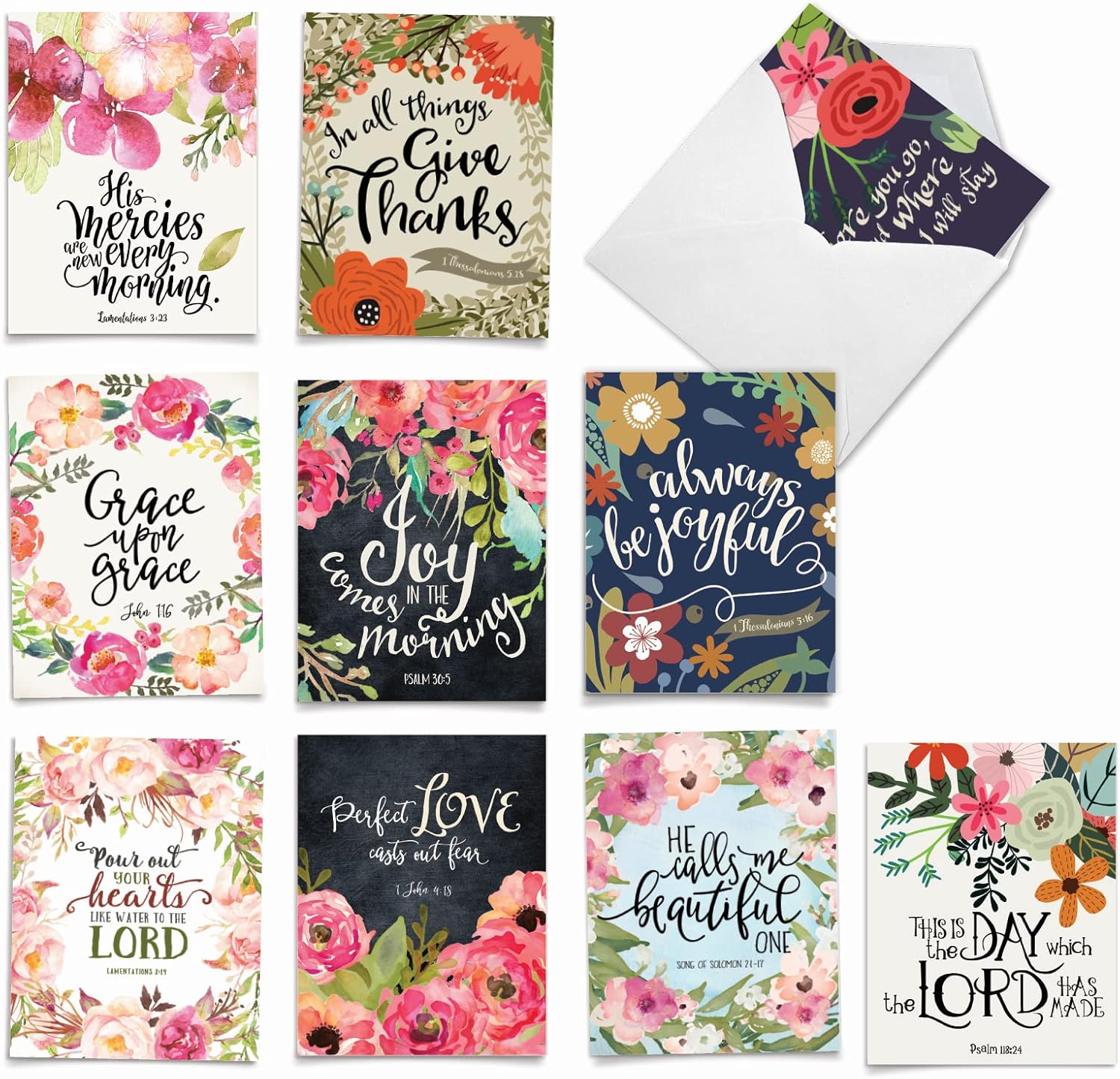 The Best Card Company - Assorted of 10 All Occasions Blank Notecards Box Set 4 x 5.12 Inch w/Envelopes, Floral Scripture Bible Quotes for Women (10 Designs, 1 Each) - Blessings M6634OCB