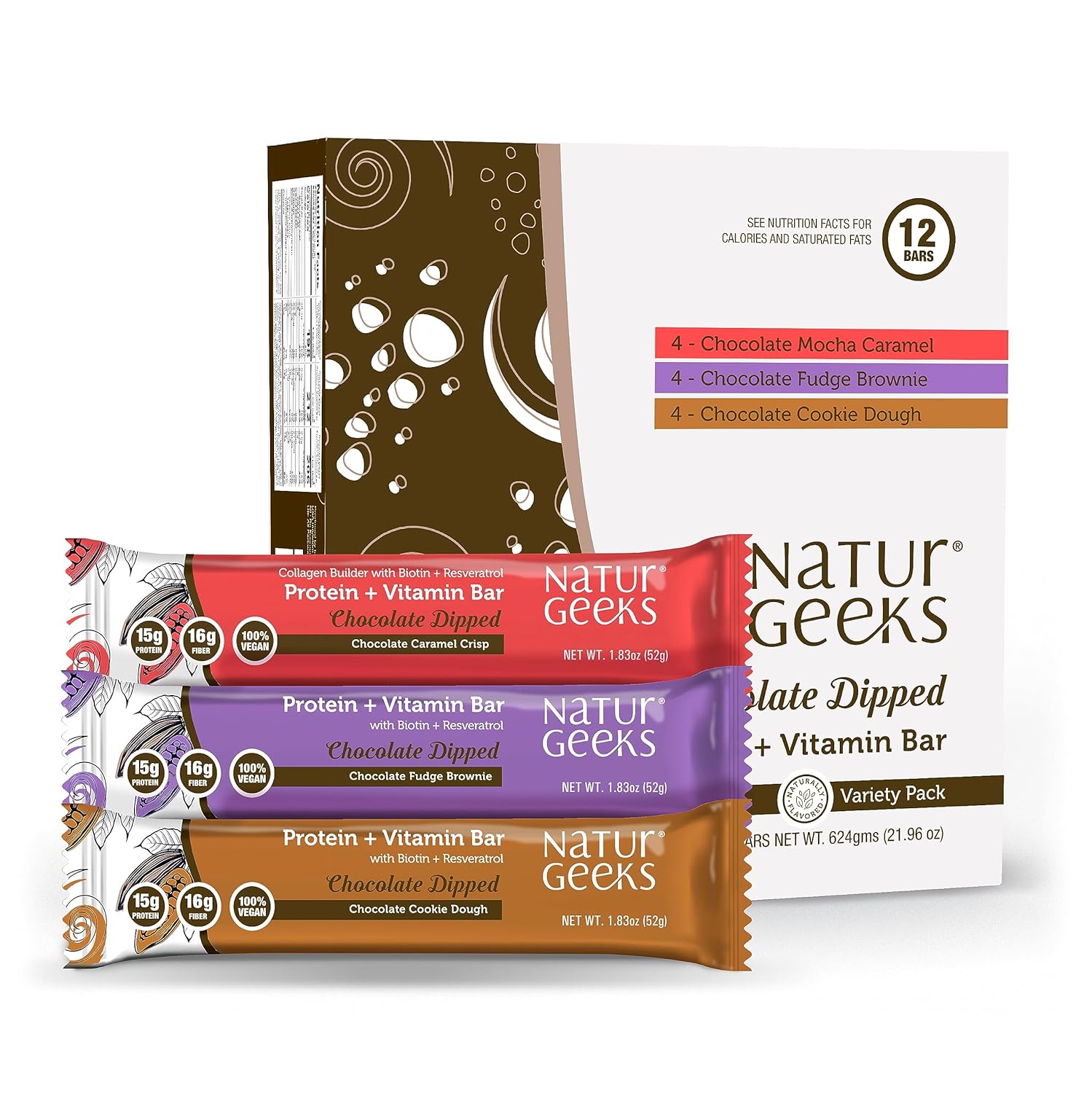 NaturGeeks Vegan Protein Bars, No Added Sugar Low Calorie, Gluten-Free, Dairy Free Healthy Snacks with Biotin, Vitamins and 15 grams of Plant-Based Protein Bar Meal Replacement Variety Pack, 12 count