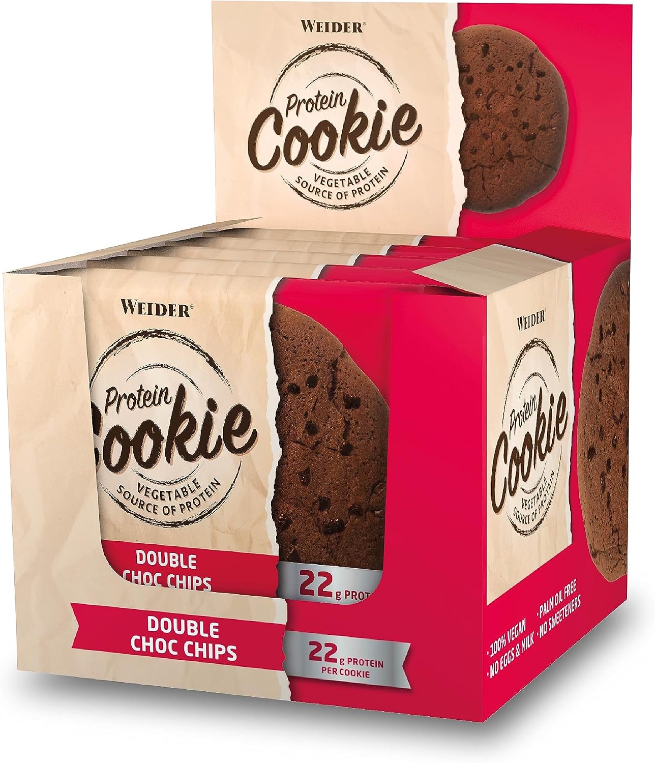 WEIDER Vegan Protein Cookie 90g, Double Choco Chips, box of 12 delicious baked protein cookies, fitness snack