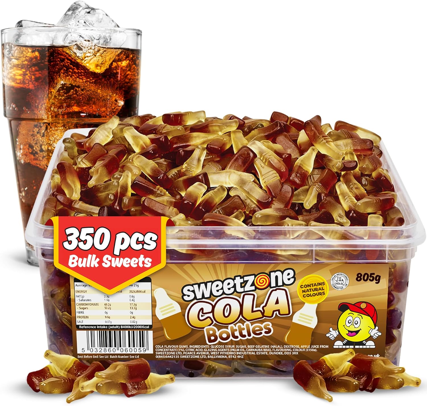 Sweetzone Small Cola Bottles Halal Sweets Tub, 805g 350pcs, Retro Chewy Gummy Sweets, Bulk Candy Sweet Bags Sweet Box Treats, Cola Flavour Bottles Tub for Parties, Events and Celebrations