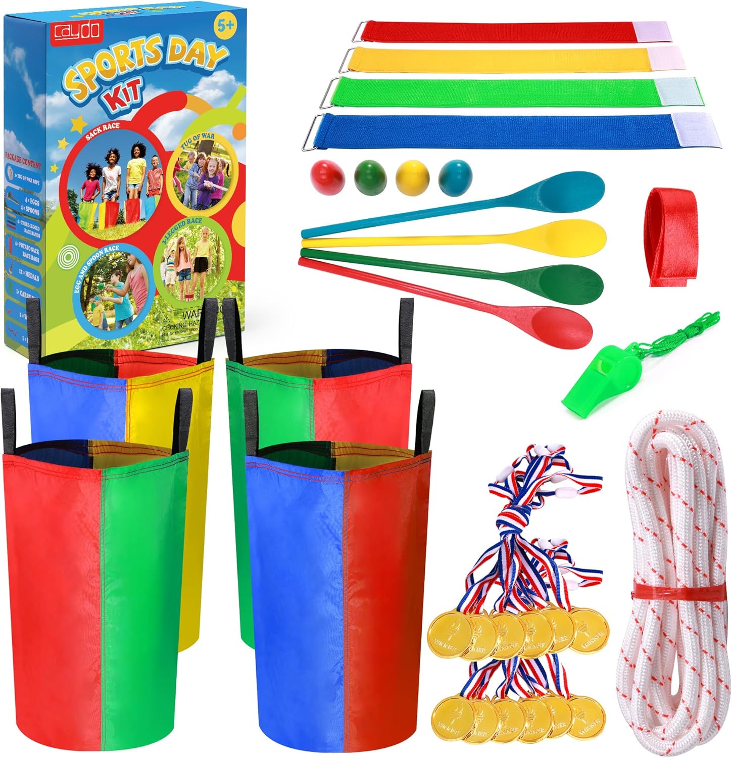 Caydo Sports Day Kit Outdoor Games - Potato Sack Race Bags, Egg Spoon Relay, 3 Legged Race Bands, Tug of War Rope, Medals - Fun Garden Games for Kids and Adults