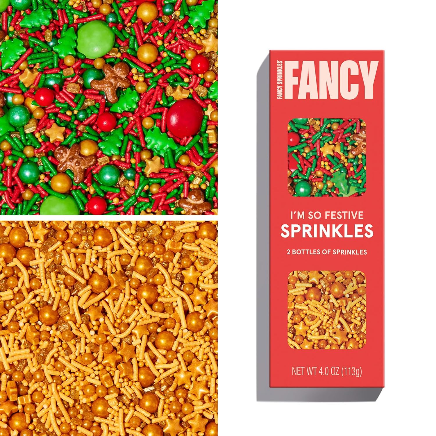 Fancy Sprinkles Limited Edition Holiday I'm So Festive Sprinkle Set, Crunchy Jimmies, Candy Trees, Stars and Gingerbread Men, and Chocolate Gems (0.5c)