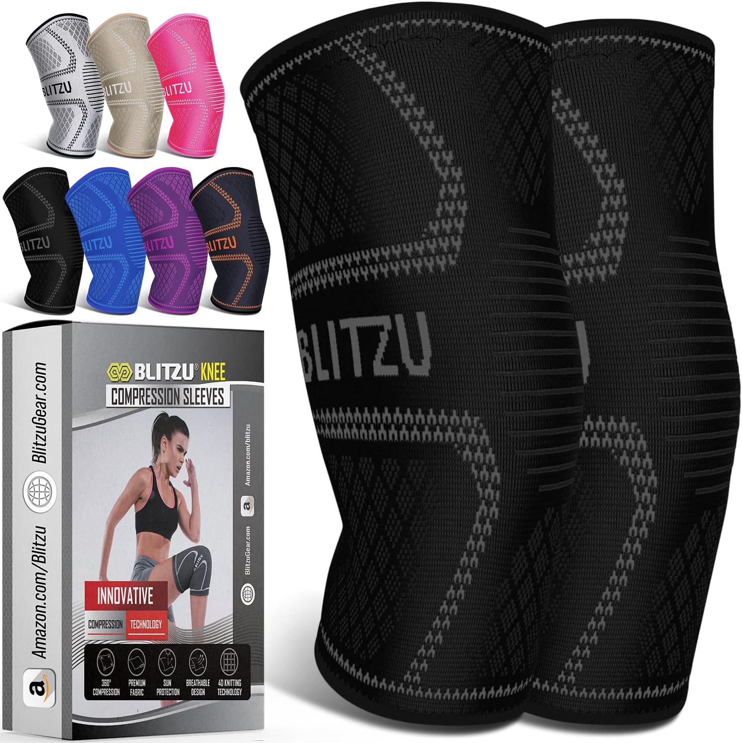 BLITZU Knee Braces for Knee Pain Women & Men - 2 Pack Set, Knee Brace Compression Sleeve for Knee Pain Meniscus Tear, ACL & Arthritis Pain Relief - Knee Sleeves Black L