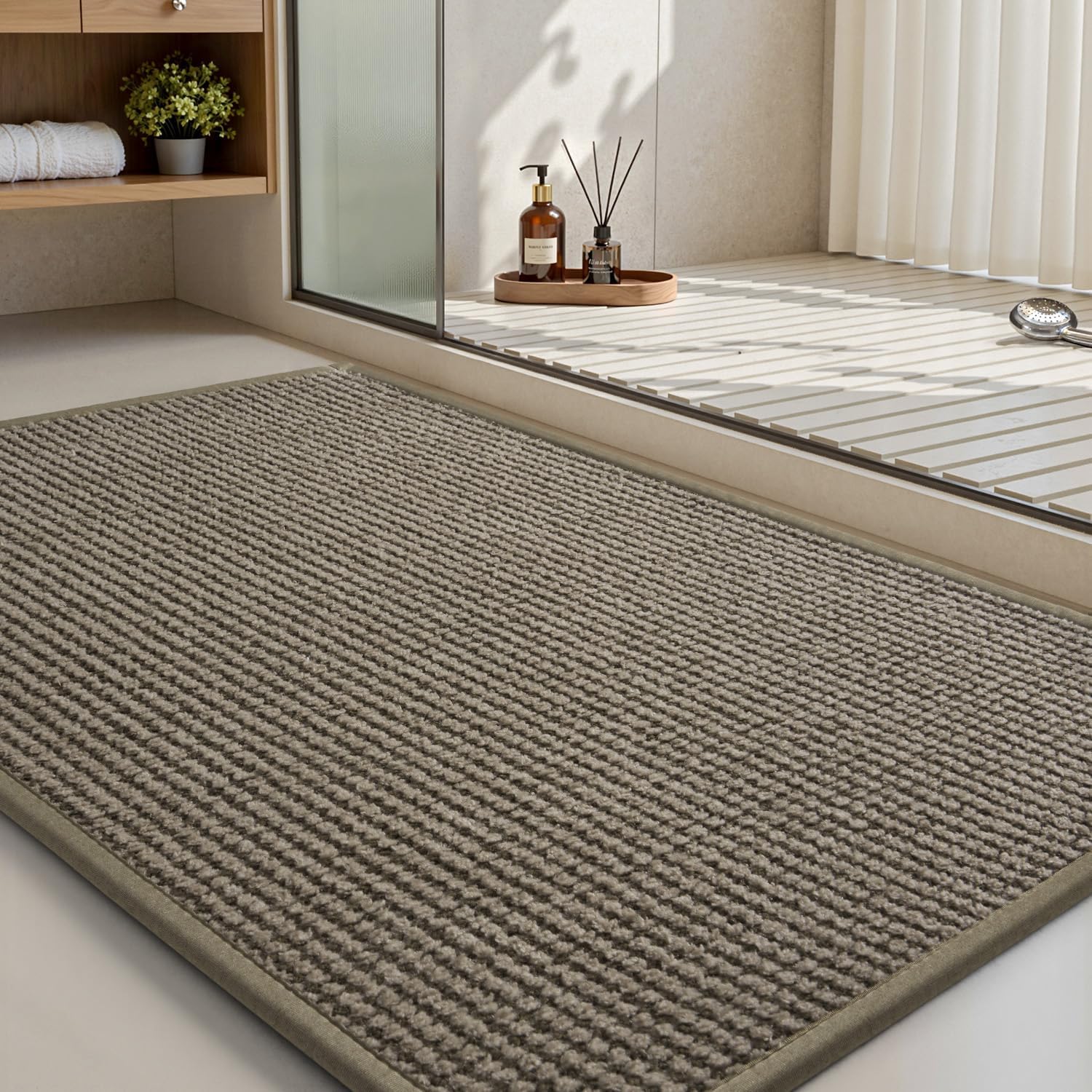 MontVoo Bath Mat-Chenille Absorbent Bathroom Mat Quick Dry-Rubber Backed Bathroom Rugs Non Slip Washable Bath Mats,Ultra Thin Bathroom Rugs Fit Under Door,17"x24",Brown