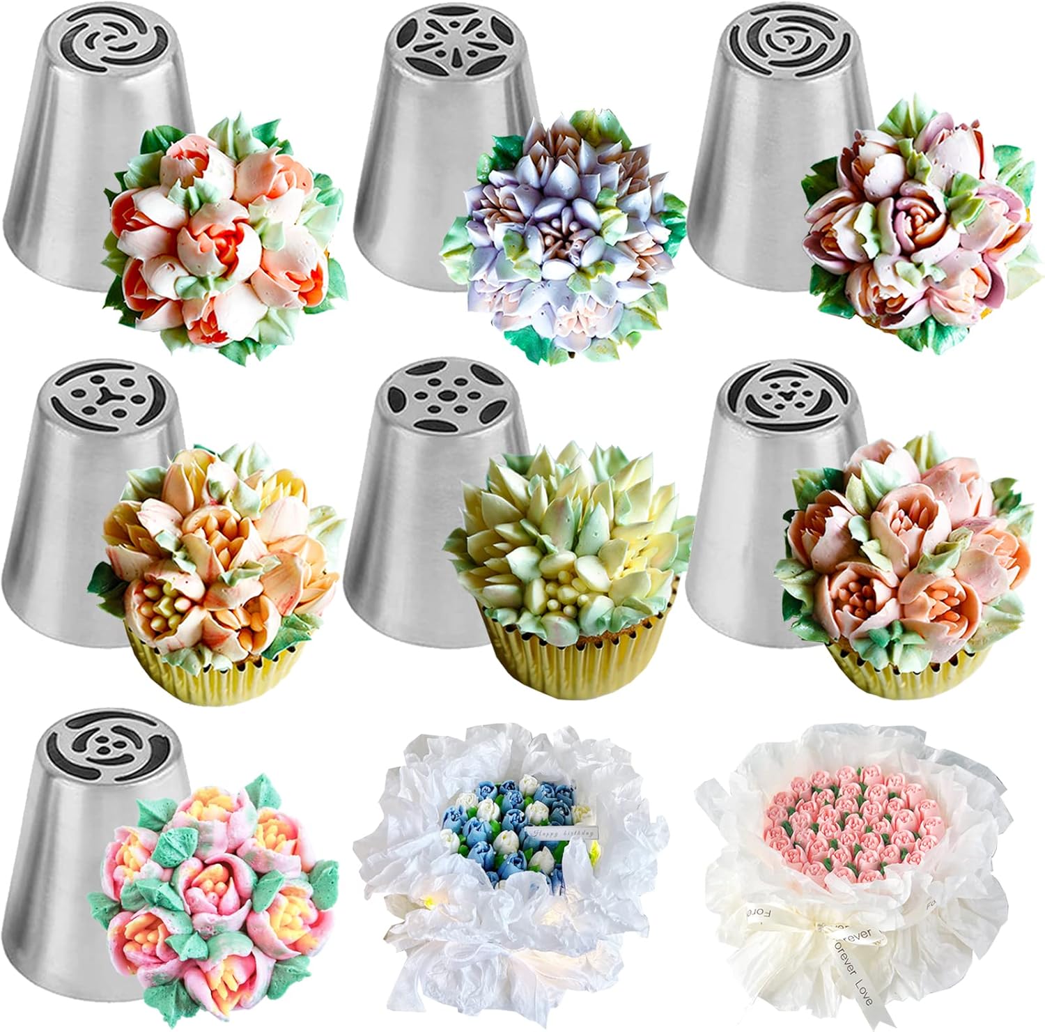 7pcs Russian Piping Nozzles Flower Frosting Nozzles Cake Decorating Nozzles Set Rose Tulip Icing Piping Tips Cake Decorations Supplies DIY Baking Tools Kit